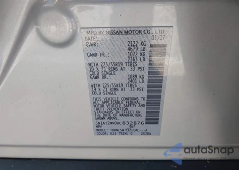 2017 Nissan Rogue Sl z USA, uszkodzony, nr VIN 5N1AT2MV0HC832876